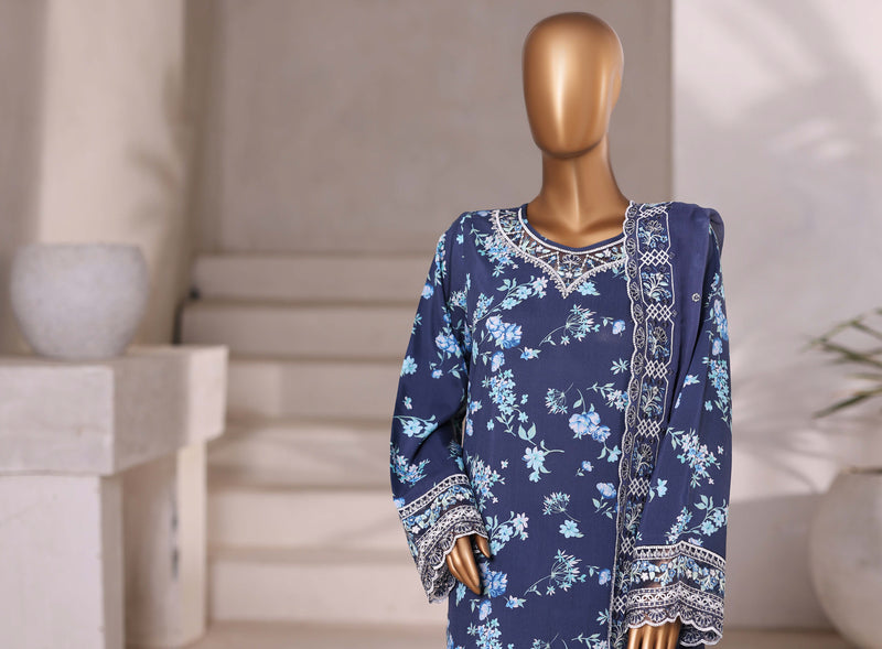 Luxury viscose - Stitched Embroidered 3piece with Chiffon embroidered Dupatta - Blue