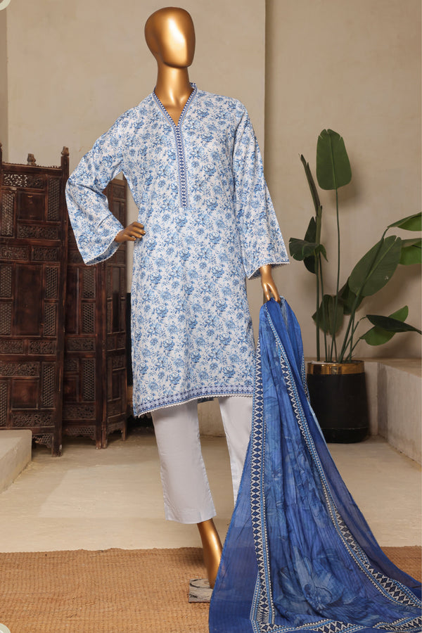Lawn - Stitched printed 3piece with Lace work - Sky Blue