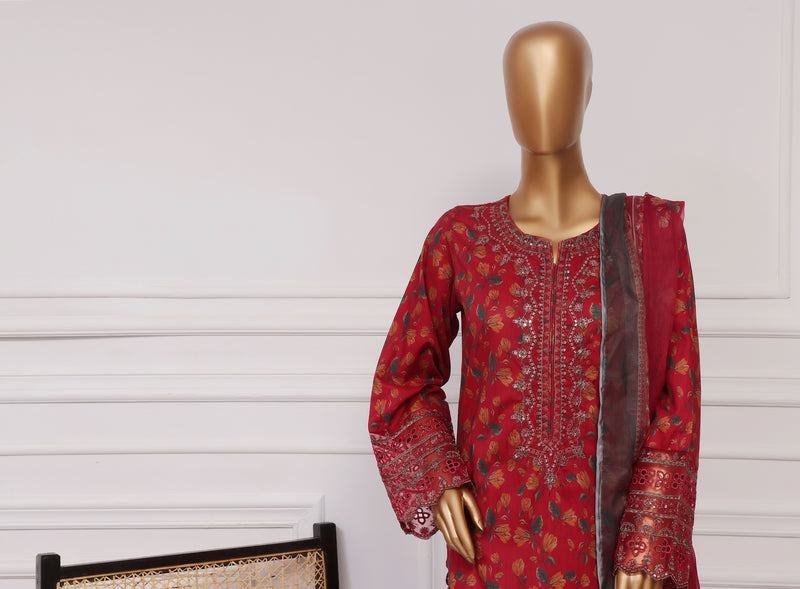 Lawn Farshi- Stitched Embroidered 3piece with Farshi shalwar - Red