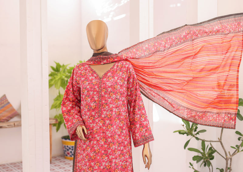Lawn - Stitched printed 3piece with Farshi Shalwar - Red