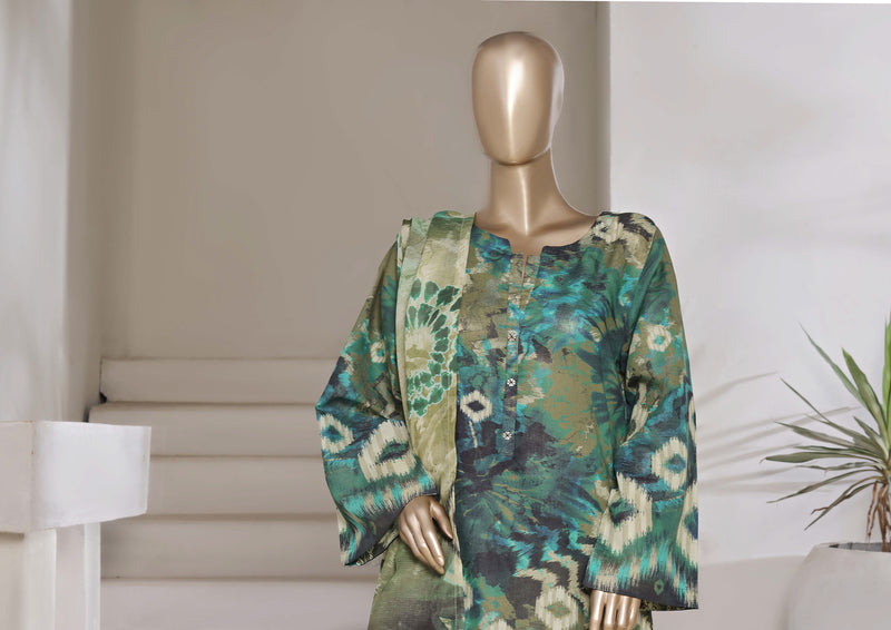 Cotton | Cambric - Ready to wear printed 3piece in tie & Dye Style - Green