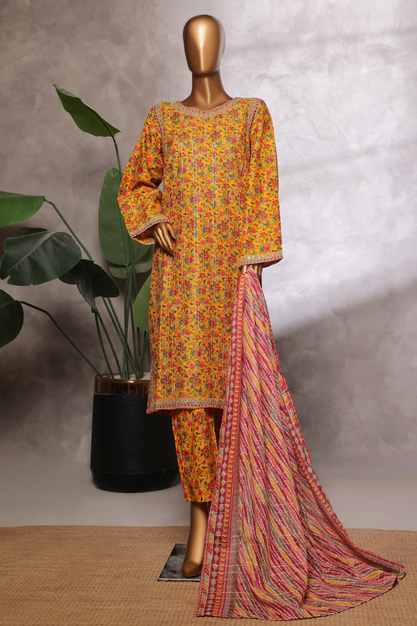Lawn - Stitched Embroidered 3piece with Lace work - Yellow