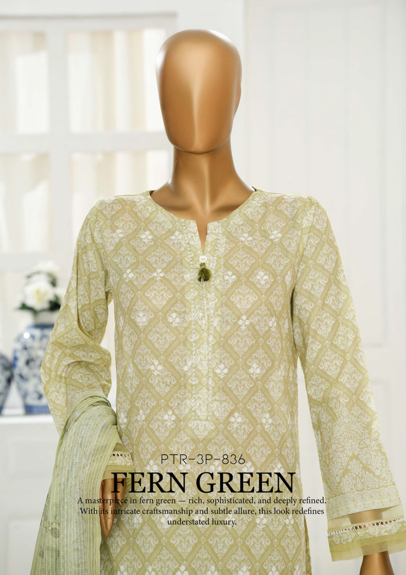 Cambric Chikankari - Stitched Embroidered 3piece with Lace work - Fern Green