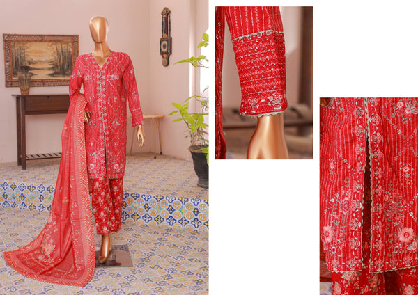 Lawn Self stripe- Stitched Embroidered 3piece with Lace work - Red