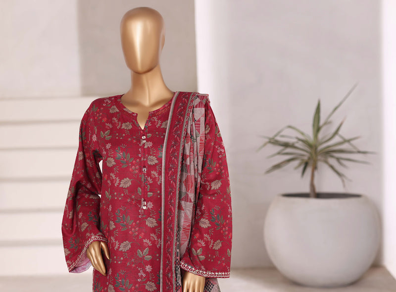 Khaddar - Stitched Embroidered 3piece collection with Lace work - Red
