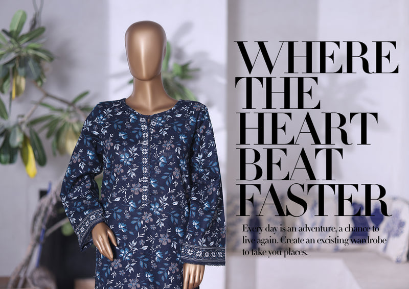 Khaddar Co-Ords - Stitched printed Kurti & trouser with Lace work - Navy Blue