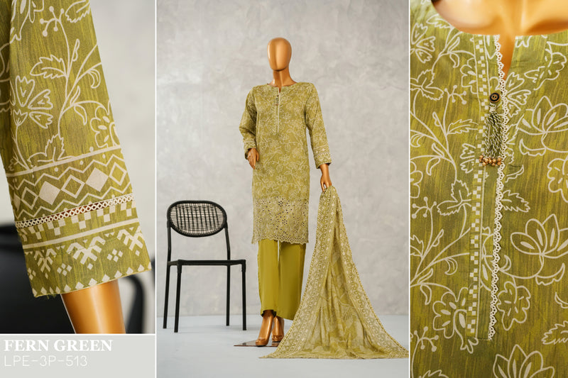 Lawn - Stitched Digital Printed Embroidered 3piece with Boring work - Green
