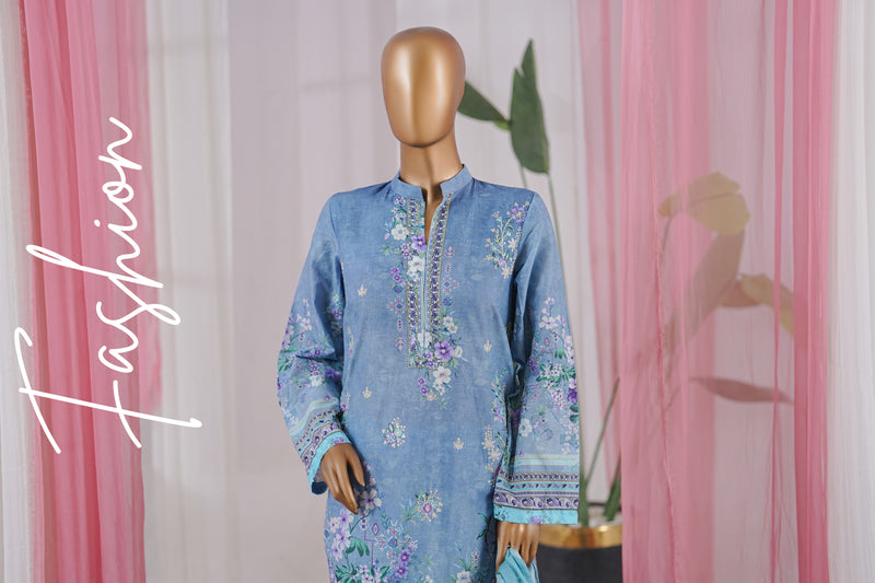 Lawn - Stitched Embroidered 3piece with Zari work & Lace work - Sky Blue