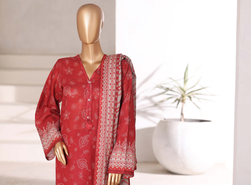 Khaddar - Stitched printed 3piece with Lace work - Red