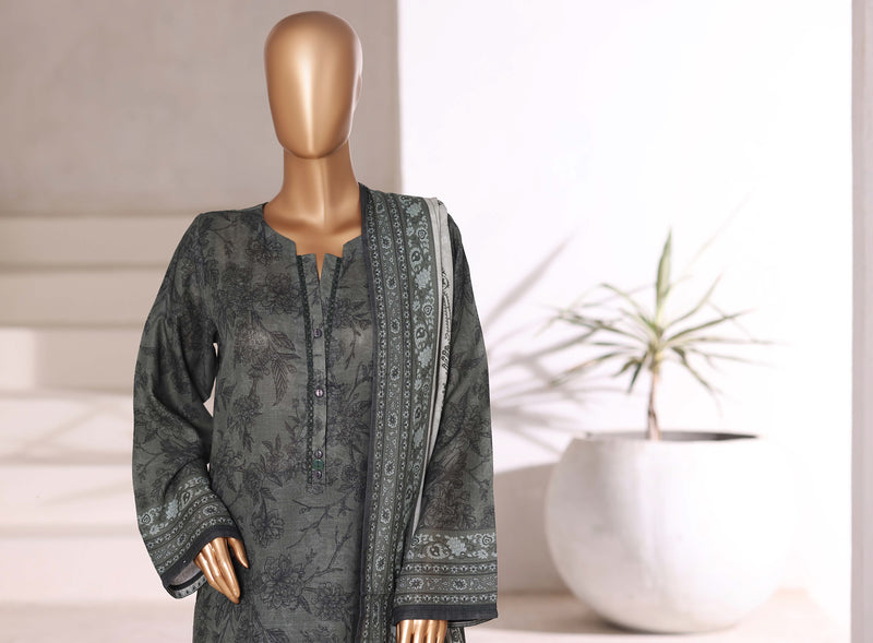 Khaddar - Stitched printed 3piece with Lace work - Dark Grey