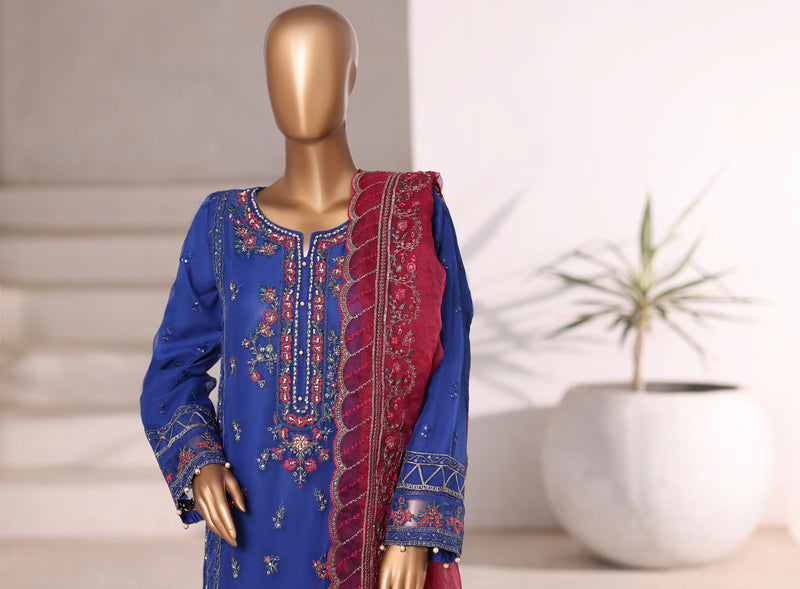 Organza - Stitched Embroidered 3piece with Hand work - Blue & Maroon