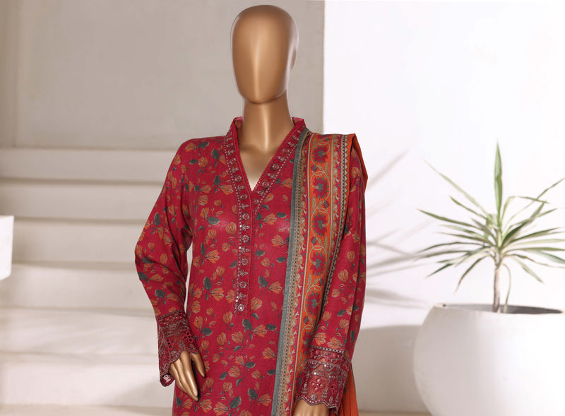 Khaddar - Embroidered 3piece collection with Lace work - Red