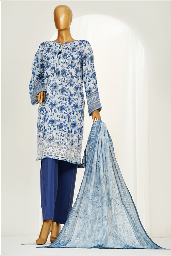 Lawn PrintKari - Stitched Embroidered 3piece with Lace work - Greyish Blue