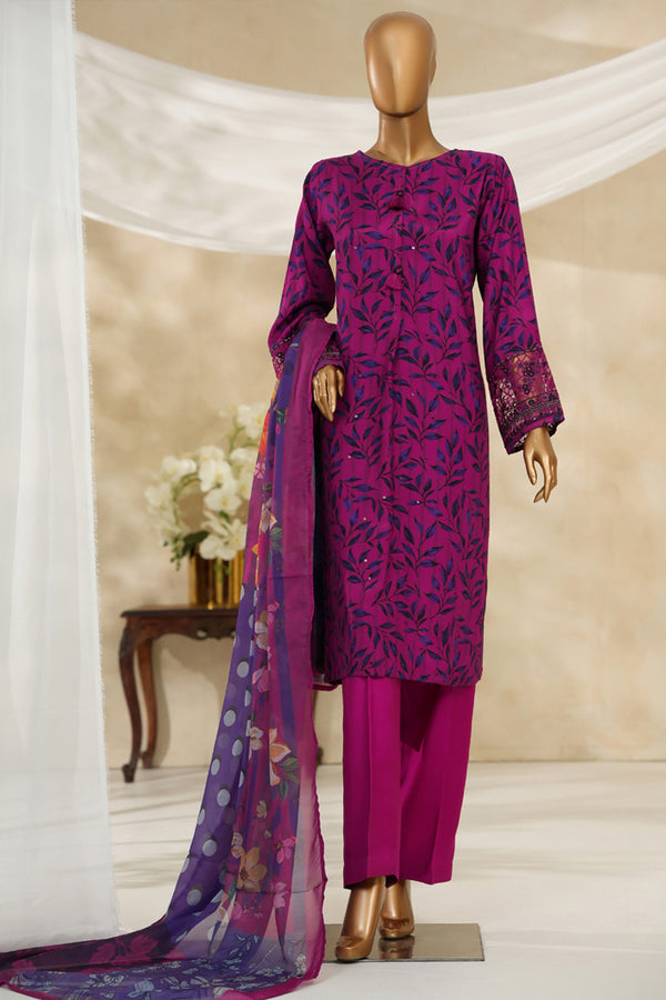 Cambric | Cotton - Stitched printed embroidered silk 3piece with Boring, Cutwork & Mirror work - Magenta