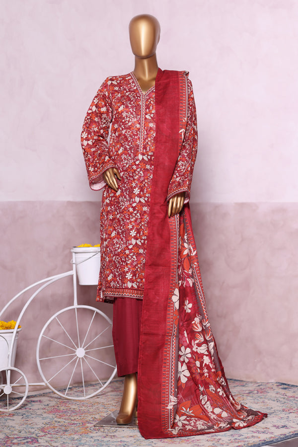 Khaddar - Stitched printed 3piece with Lace work - Red