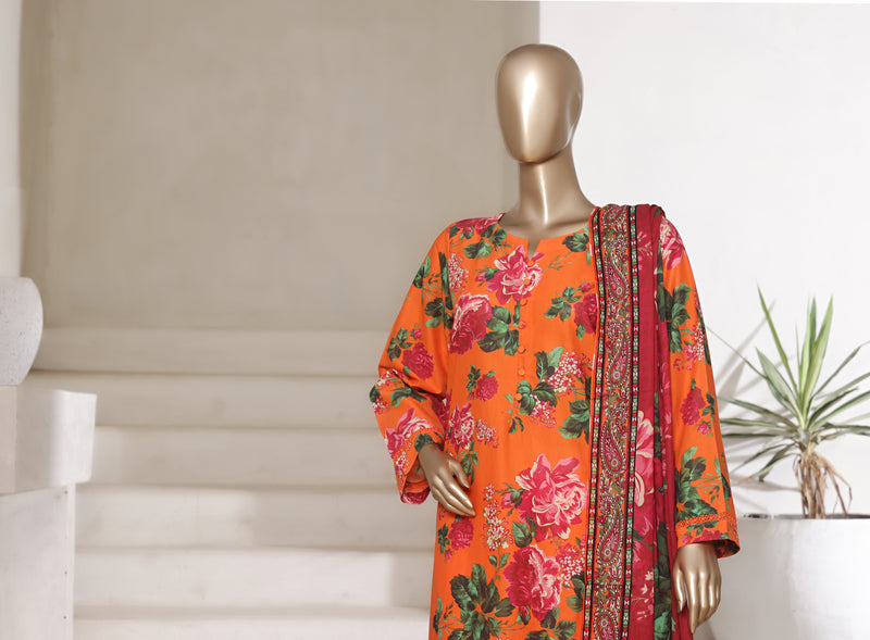 Lawn - Stitched printed 3piece with Lace work - Orange