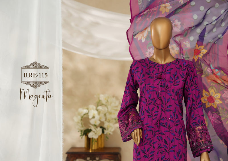 Cambric | Cotton - Stitched printed embroidered silk 3piece with Boring, Cutwork & Mirror work - Magenta