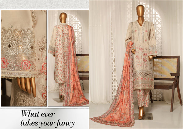 Lawn - Stitched Embroidered 3piece with printed Back & Printed trouser & Emb Dupatta - Skin
