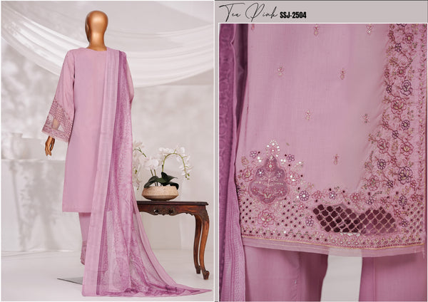 Cambric | Cotton - Stitched Embroidered Printed 3piece with Nannokara Dupatta - Tea Pink