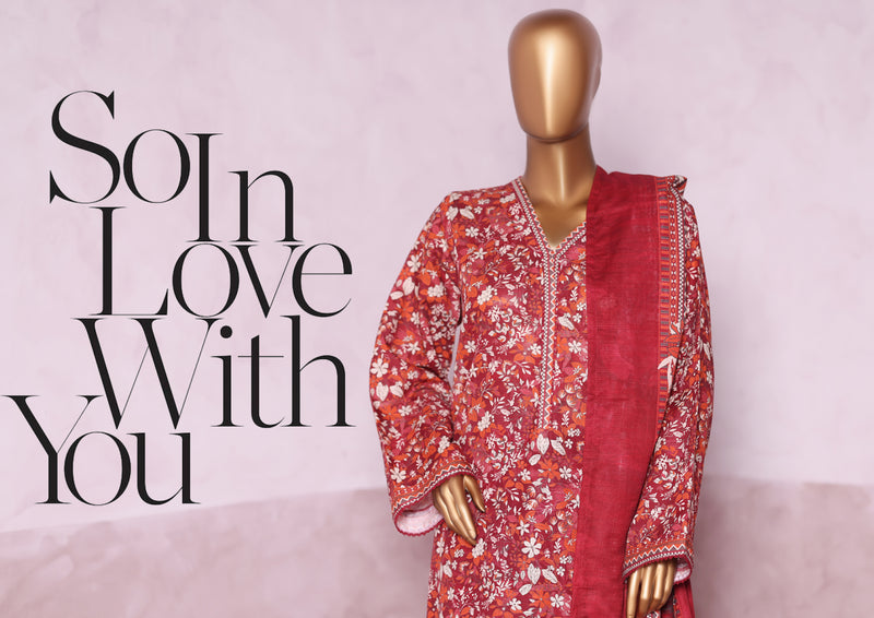 Khaddar - Stitched printed 3piece with Lace work - Red