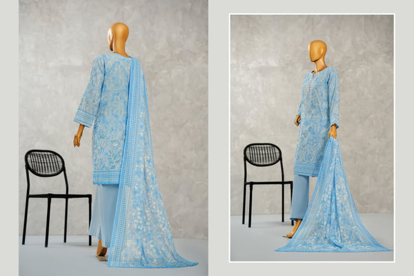 Lawn - Stitched Digital Printed Embroidered 3piece with Boring work - Light Blue