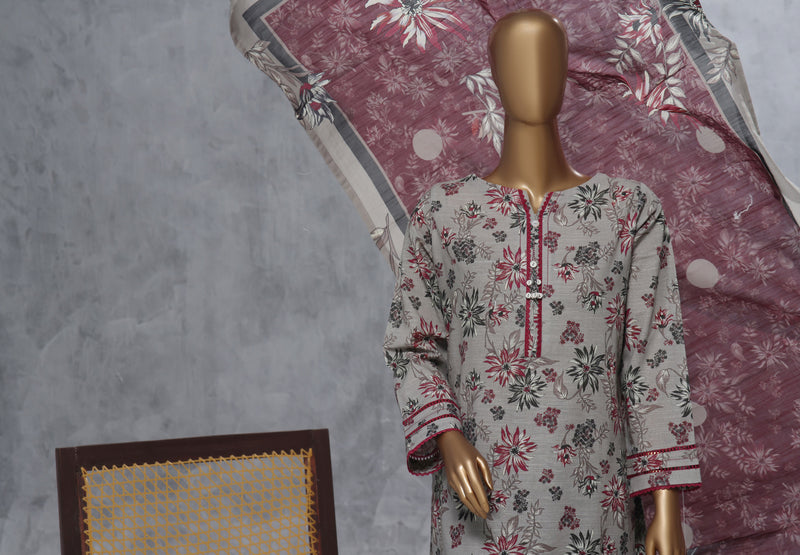 Khaddar - Stitched Printed 3 Piece Suit with Lace work - Cloudy Grey