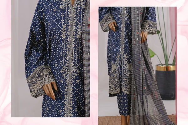 Lawn - Stitched Embroidered 3piece with Zari work & Lace work - Navy Blue
