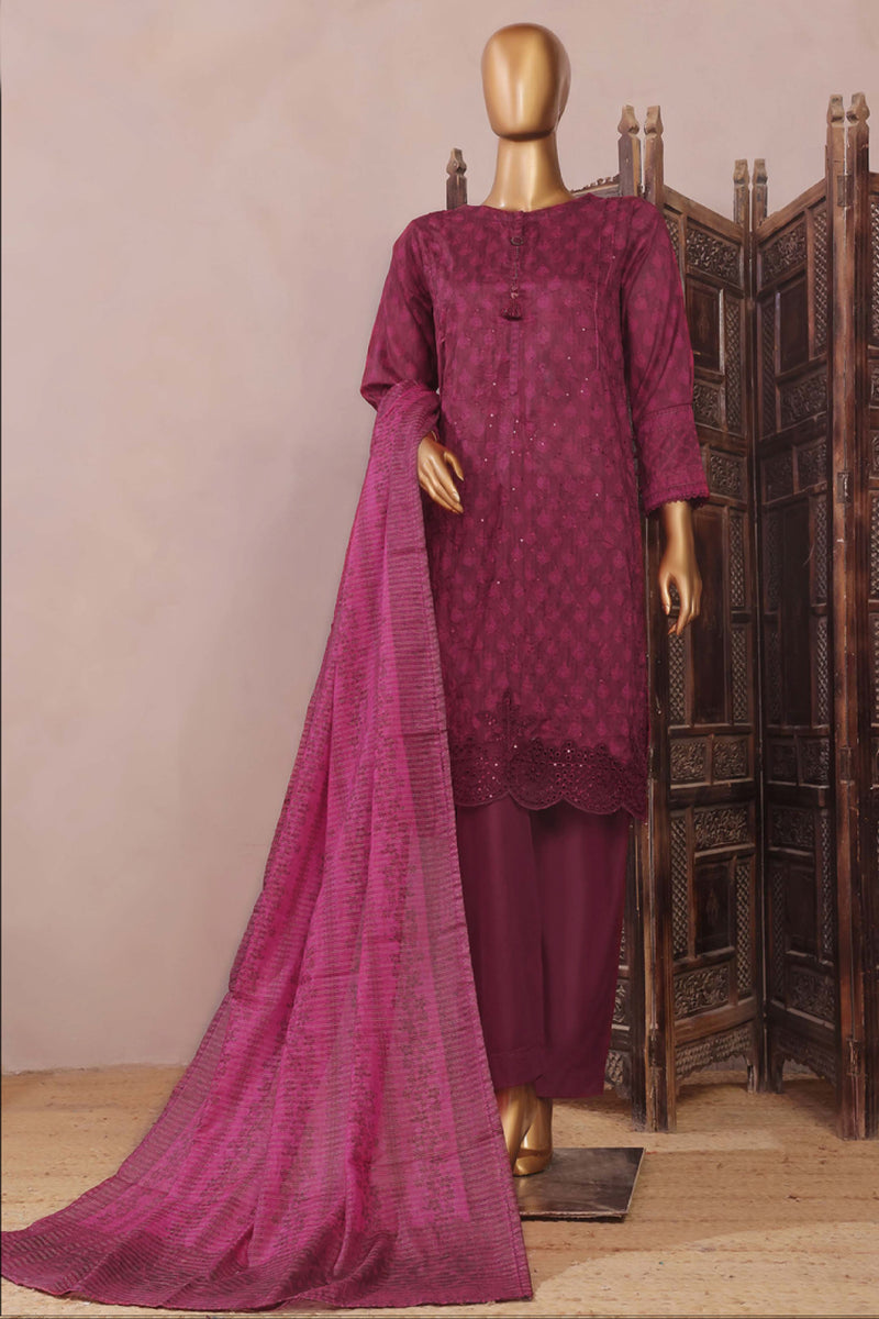 Lawn - Stitched Embroidered 3piece with Lace work - Burnt Maroon