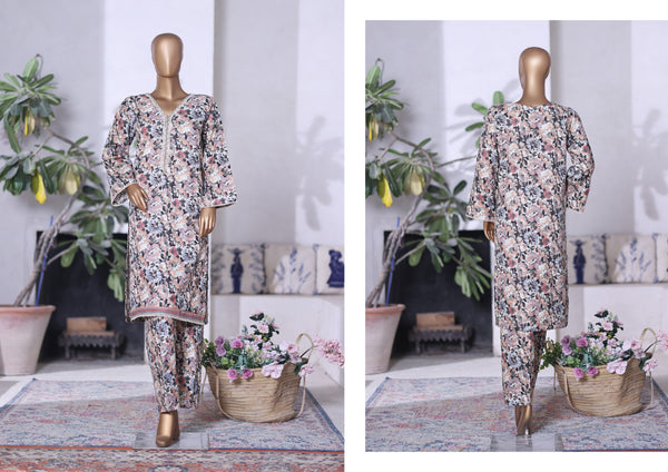 Khaddar Co-Ords - Stitched printed Kurti & trouser with Lace work - Light Pink