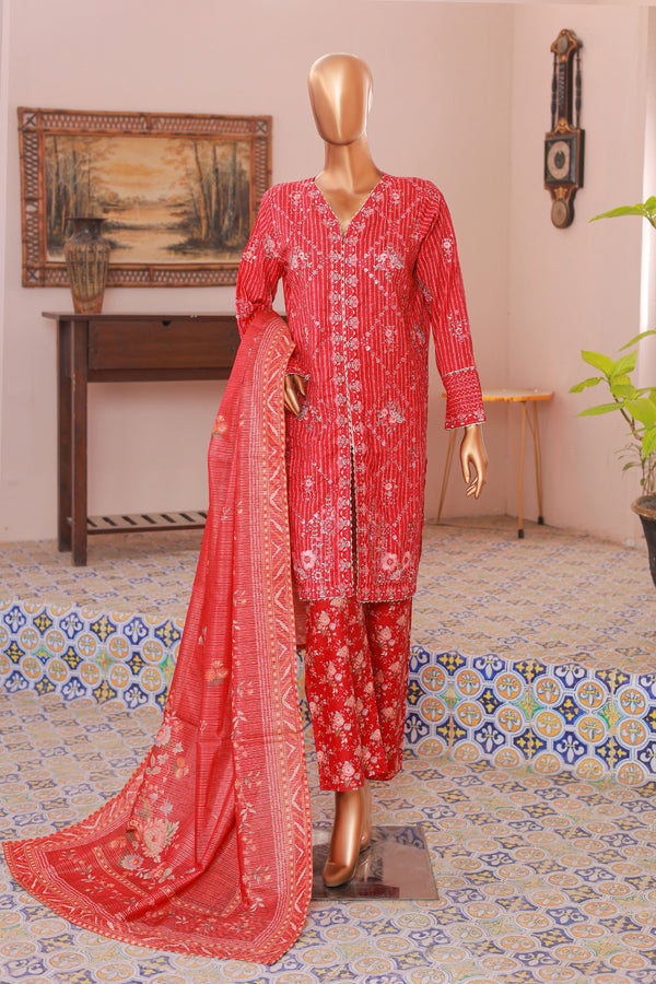 Lawn Self stripe- Stitched Embroidered 3piece with Lace work - Red