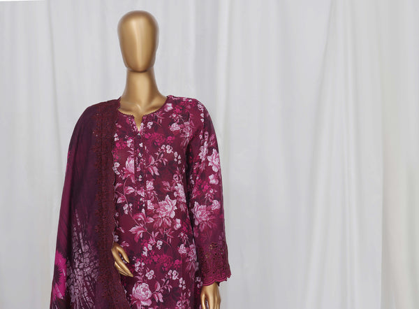 Khaddar - Stitched Embroidered Chikan Kari 3 piece with Laser work and Embroidered Cutwork Dupatta - Magenta