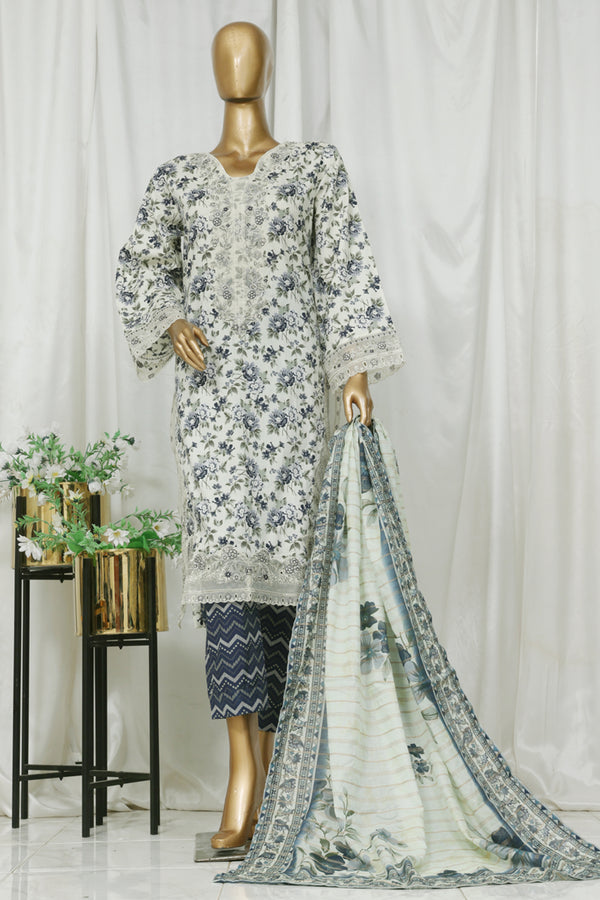 Lawn - Stitched Embroidered 3piece with Lace work - Off White