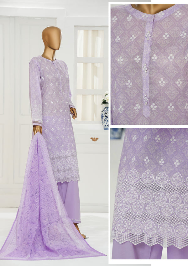 Cambric Chikankari - Stitched Embroidered 3piece with Lace work - Lavender