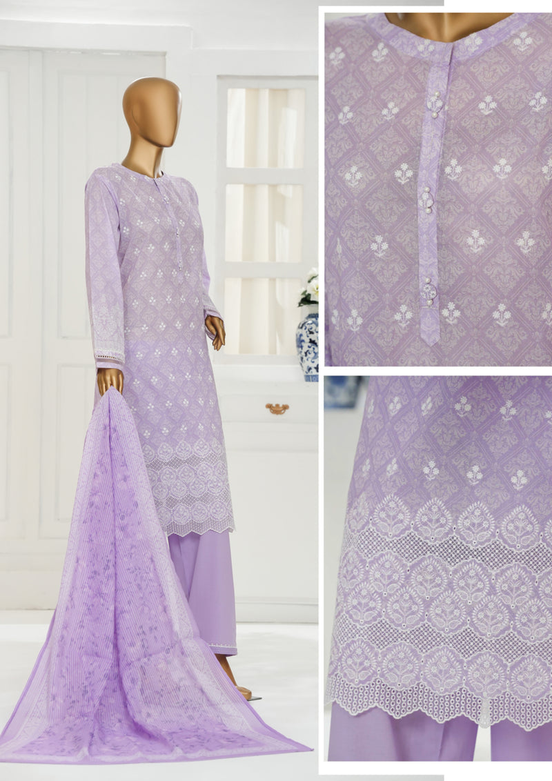 Cambric Chikankari - Stitched Embroidered 3piece with Lace work - Lavender