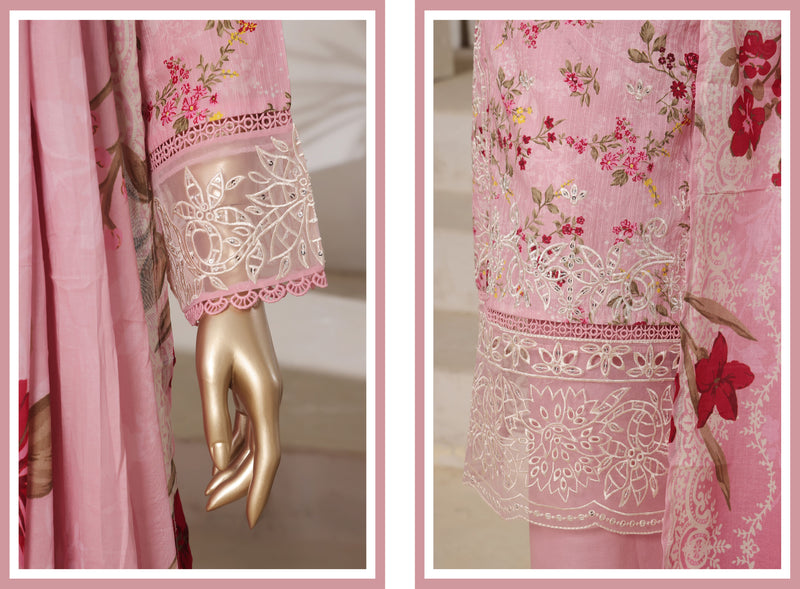 Lawn - Stitched Digital Printed Embroidered 3piece with Lace work - Pink