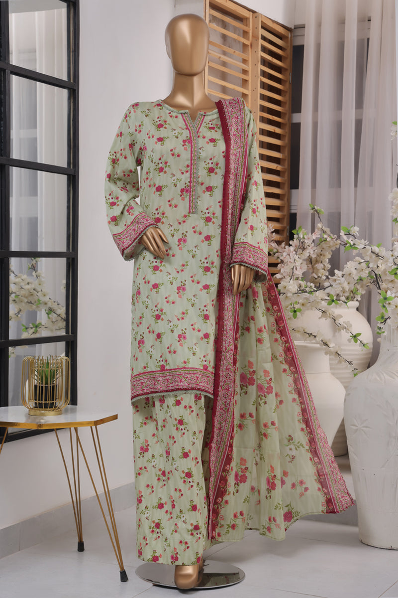 Lawn - Stitched printed 3piece with Farshi Shalwar - Light Green