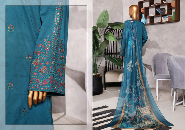 Lawn - Stitched Self Jacqaurd Embroidered 3piece with Emb trouser - Teal