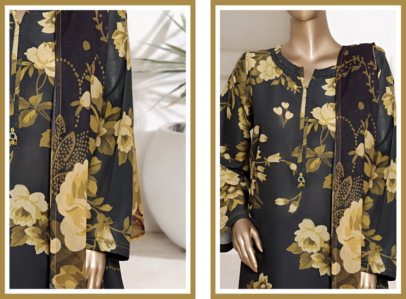 Lawn - Stitched printed 3piece with Lace work - Black & Yellow