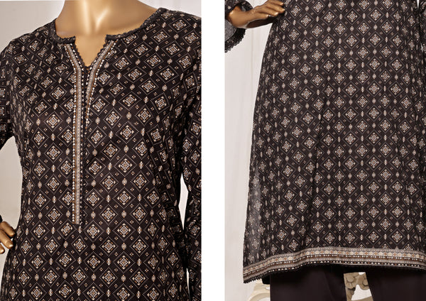 Lawn - Stitched printed 3piece with Lace work - Black