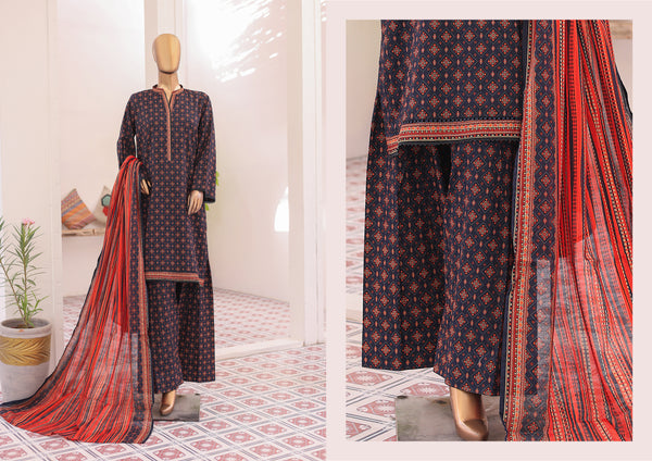 Lawn - Stitched printed 3piece with Farshi Shalwar - Dark Blue