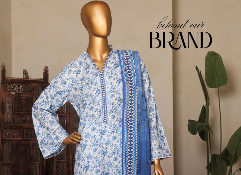 Lawn - Stitched printed 3piece with Lace work - Sky Blue