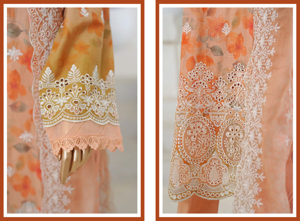 Lawn Chikankari - Stitched Embroidered 3piece with Cutwork and Embroidered Chiffon Dupatta - Orange