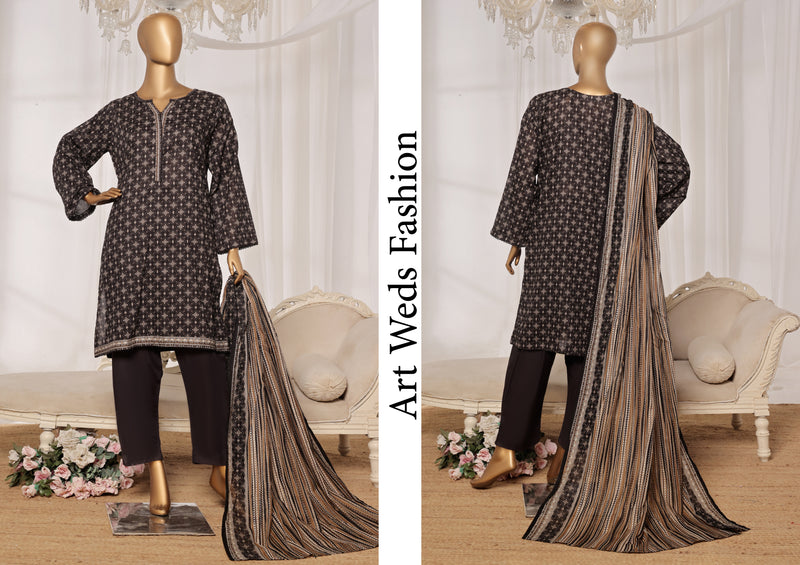 Lawn - Stitched printed 3piece with Lace work - Black