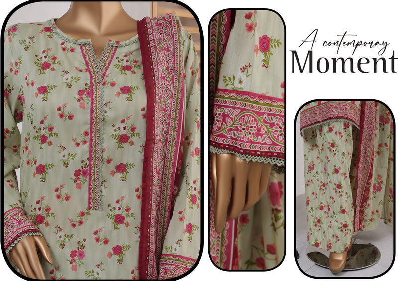 Lawn - Stitched printed 3piece with Farshi Shalwar - Light Green