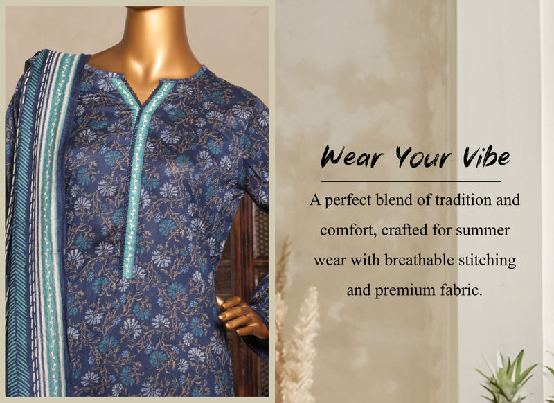 Lawn - Stitched printed 3piece with Lace work - Blue