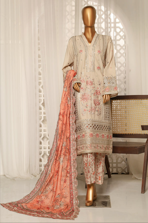Lawn - Stitched Embroidered 3piece with printed Back & Printed trouser & Emb Dupatta - Skin