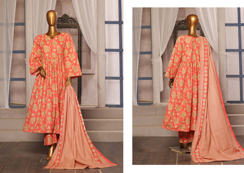 Khaddar - Stitched Printed 3piece Frock - Peach