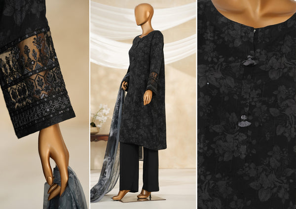 Cambric | Cotton - Stitched printed embroidered silk 3piece with Boring, Cutwork & Mirror work - Shadow