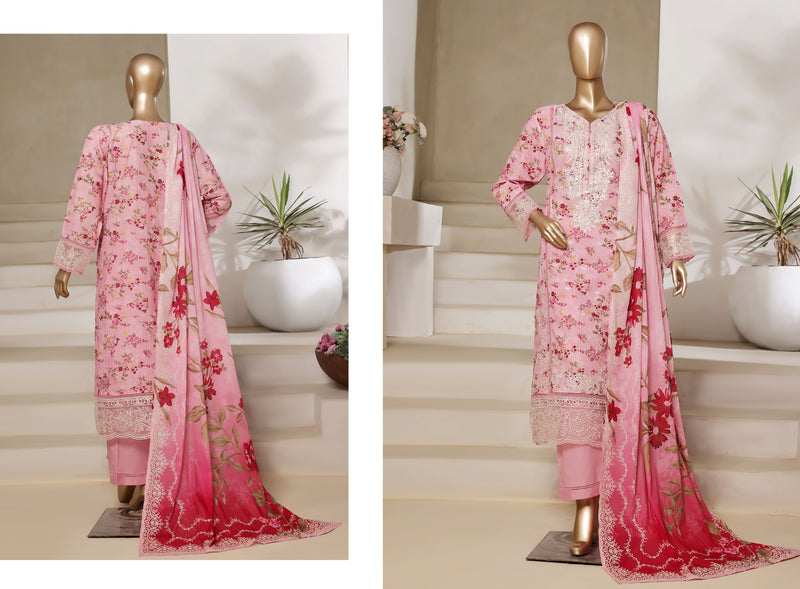 Lawn - Stitched Digital Printed Embroidered 3piece with Lace work - Pink