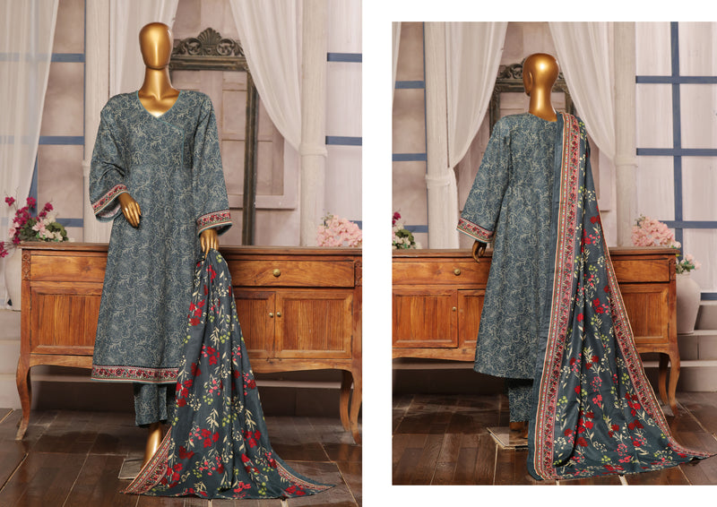 Khaddar - Stitched Printed 3piece Frock - Teal